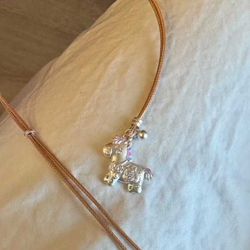 S999 Fine Silver Palace-Style Enamel Pendant Necklace – Handmade Horse Charm
