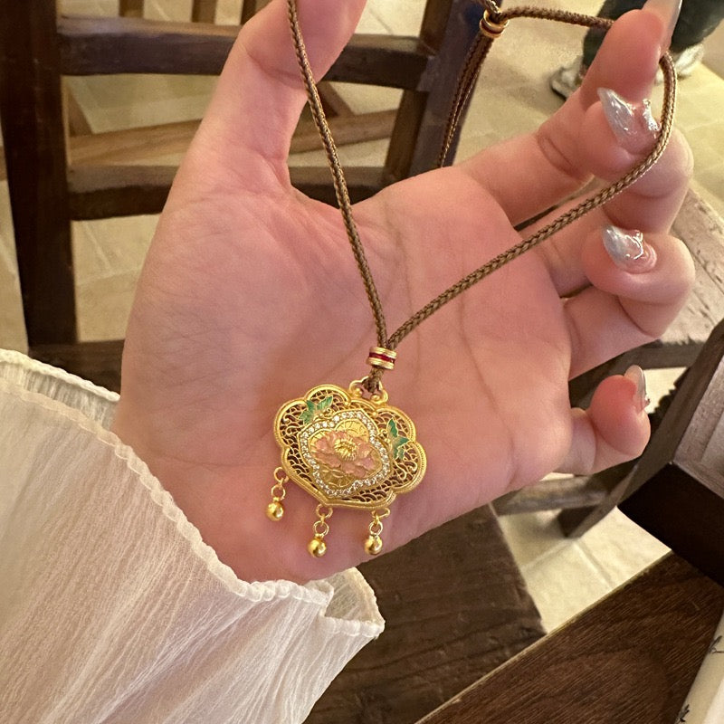 S999 Fine Silver Enamel Ruyi Lock Pendant Necklace | Palace Style