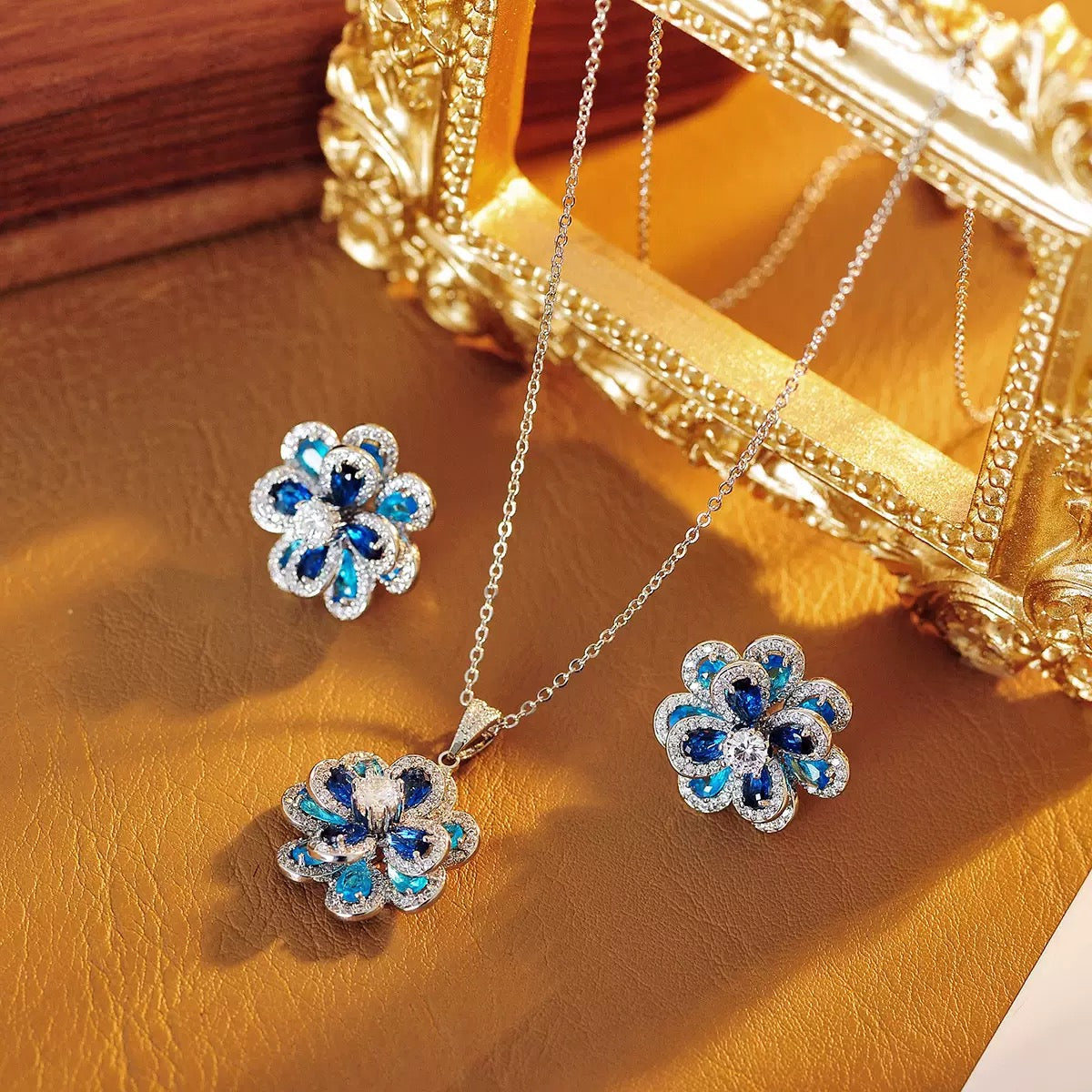 Blue Camellia Blossom Necklace & Earring