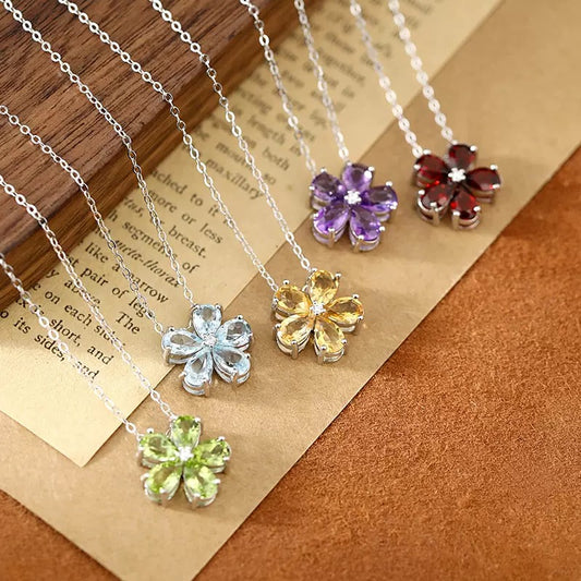 Natural Gemstone S925 silver Five-Petal Flower Necklace