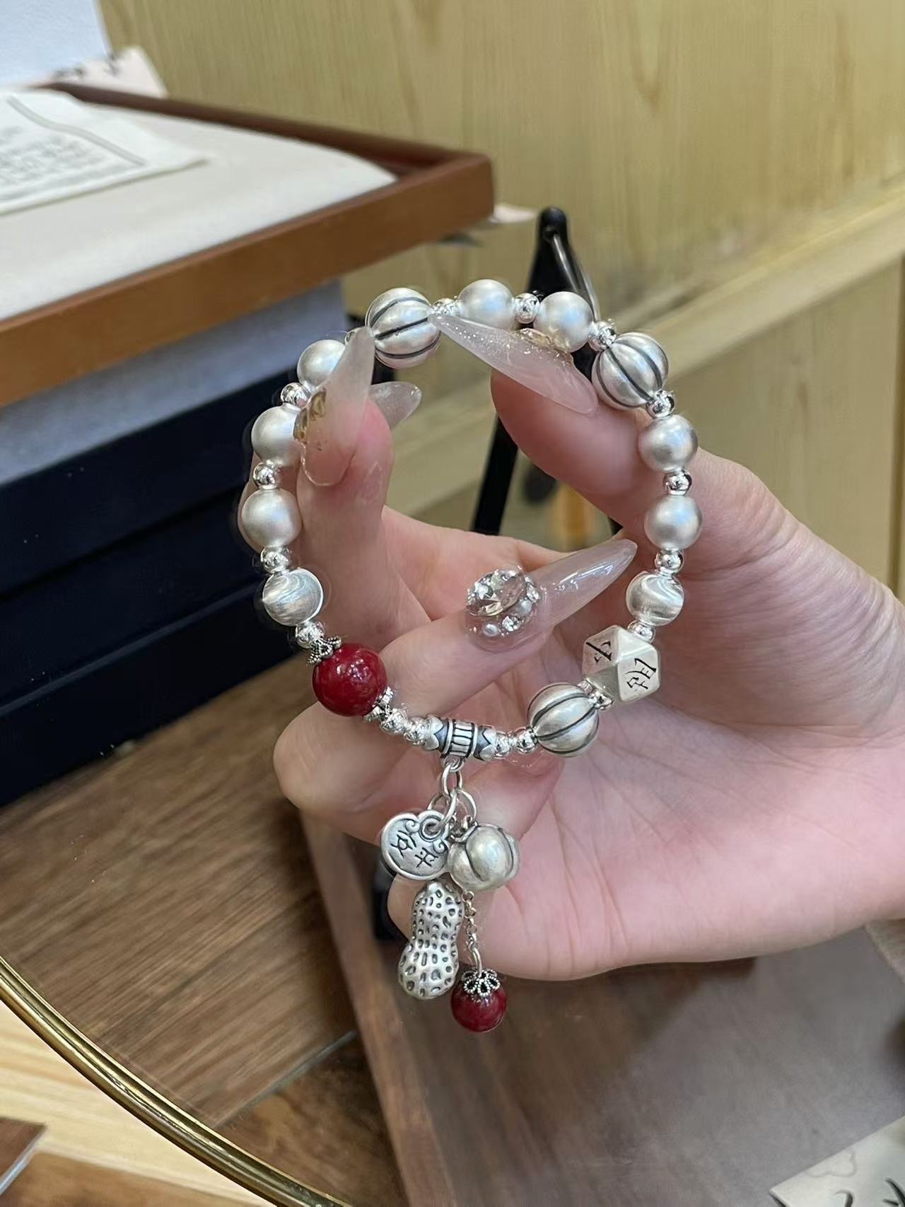 999 Fine Silver Lucky Wealth Beaded Bracelet Red Stone & Peanut Charm
