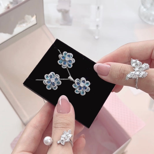 Blue Camellia Blossom Necklace & Earring