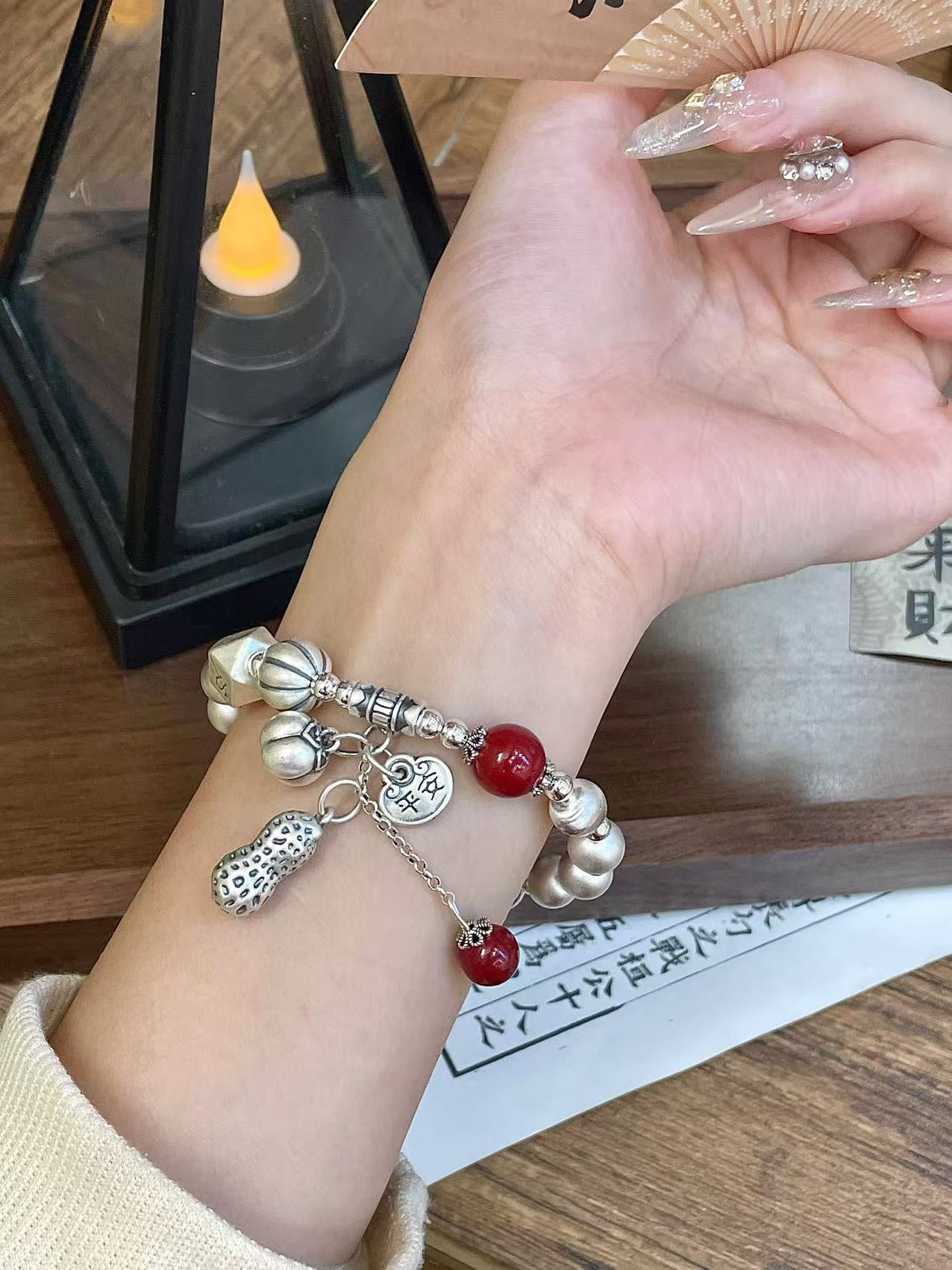 999 Fine Silver Lucky Wealth Beaded Bracelet Red Stone & Peanut Charm