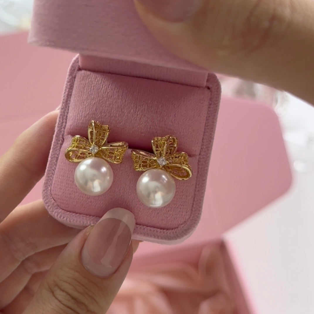 Elegant Bow Pearl Earrings | 18K Gold Plated