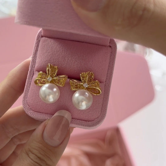 Elegant Bow Pearl Earrings | 18K Gold Plated