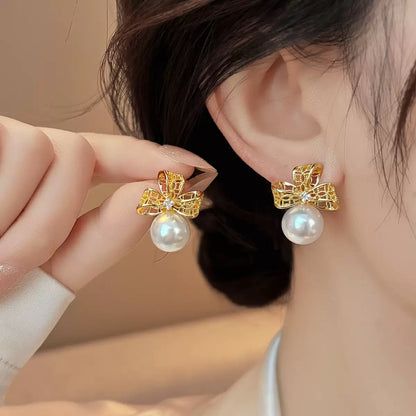 Elegant Bow Pearl Earrings | 18K Gold Plated