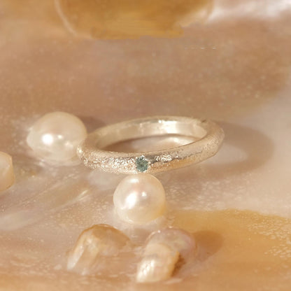 Ice Blue Accent Textured Silver Ring