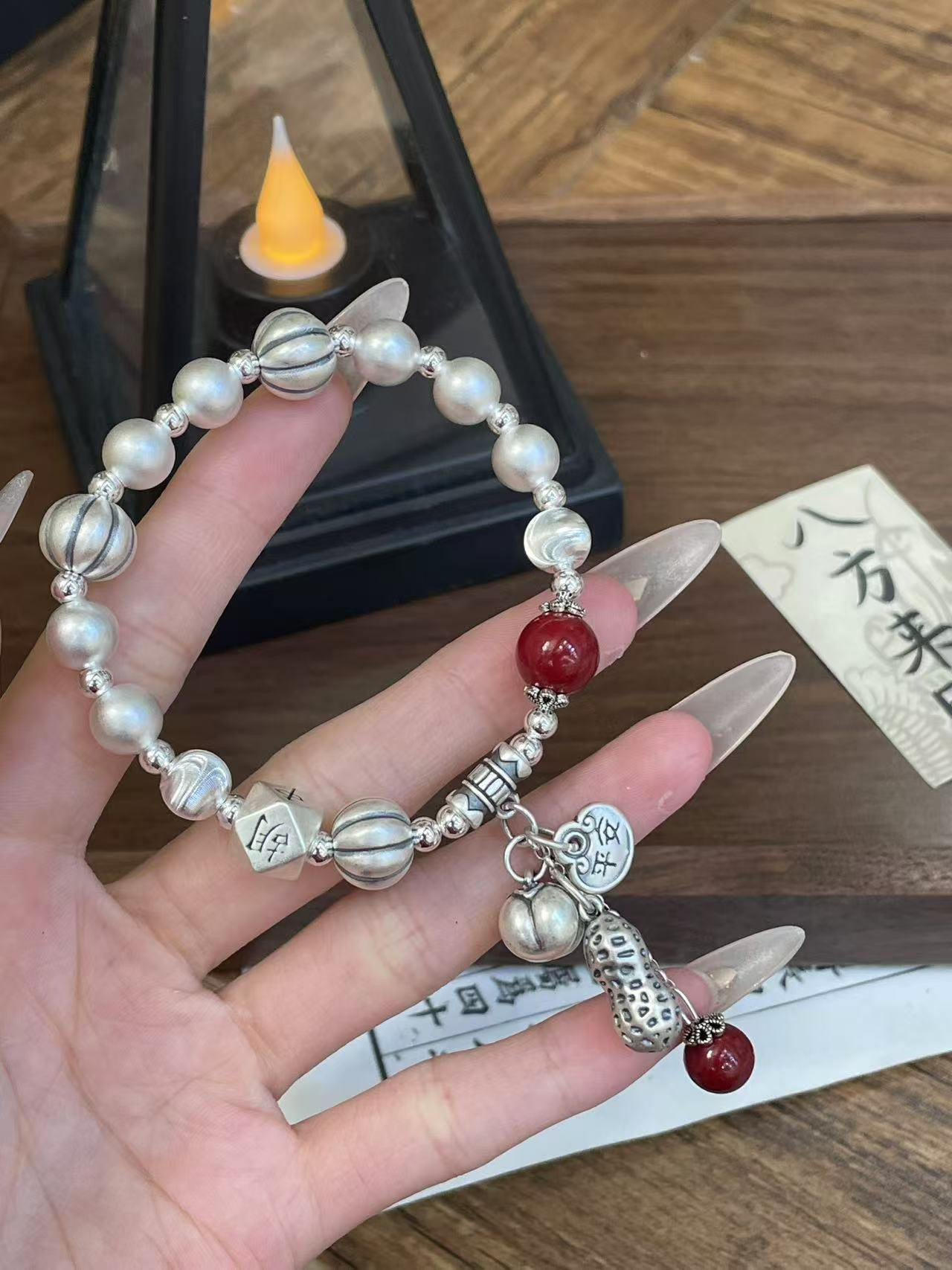 999 Fine Silver Lucky Wealth Beaded Bracelet Red Stone & Peanut Charm