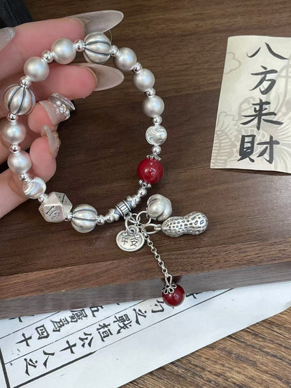 999 Fine Silver Lucky Wealth Beaded Bracelet Red Stone & Peanut Charm