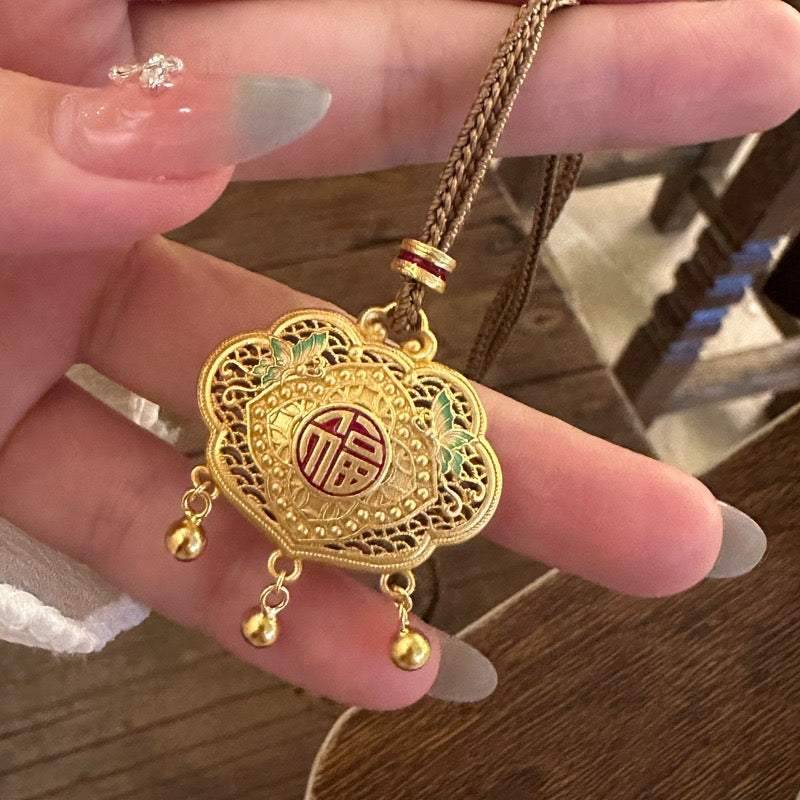 S999 Fine Silver Enamel Ruyi Lock Pendant Necklace | Palace Style