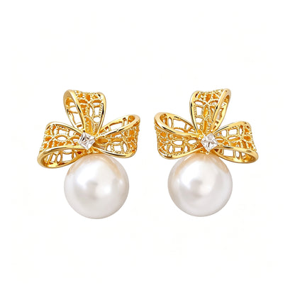 Elegant Bow Pearl Earrings | 18K Gold Plated