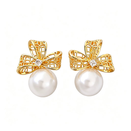 Elegant Bow Pearl Earrings | 18K Gold Plated