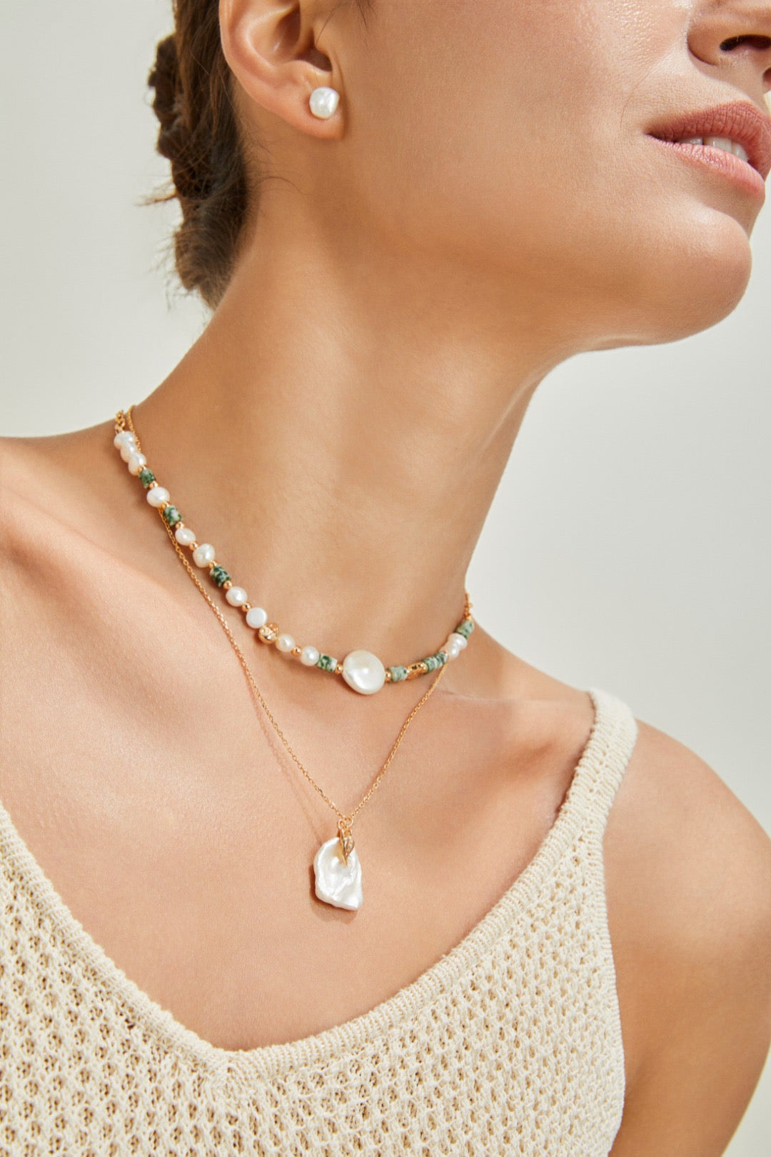 【Premium quality】925 Sterling Silver Green Spot Stone & Pearl Necklace